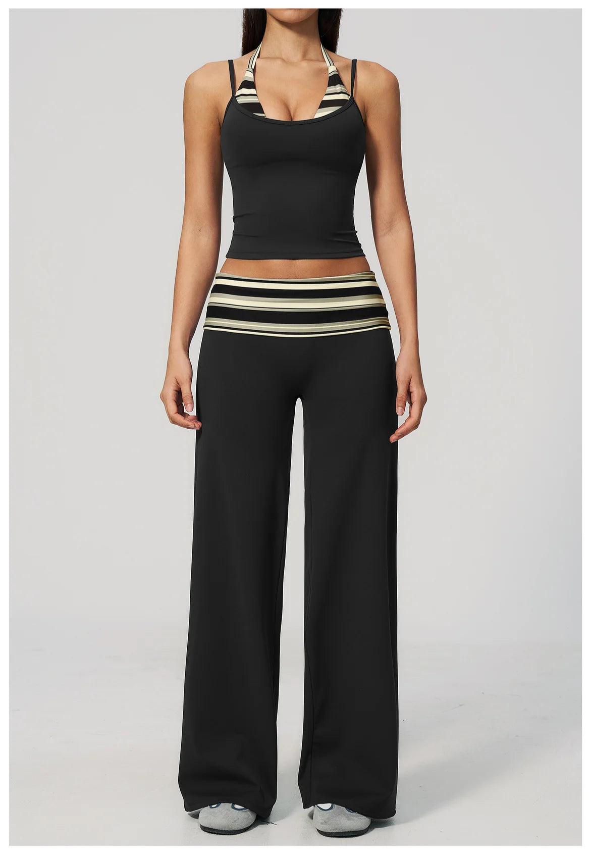 Women's 2 Piece Yoga Set Halter Neck Crop Top Fold Over Waist Wide Legged Flare Trousers Polka Dot Striped Gym Workout Running