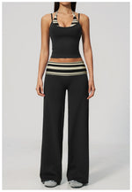 Women's 2 Piece Yoga Set Halter Neck Crop Top Fold Over Waist Wide Legged Flare Trousers Polka Dot Striped Gym Workout Running