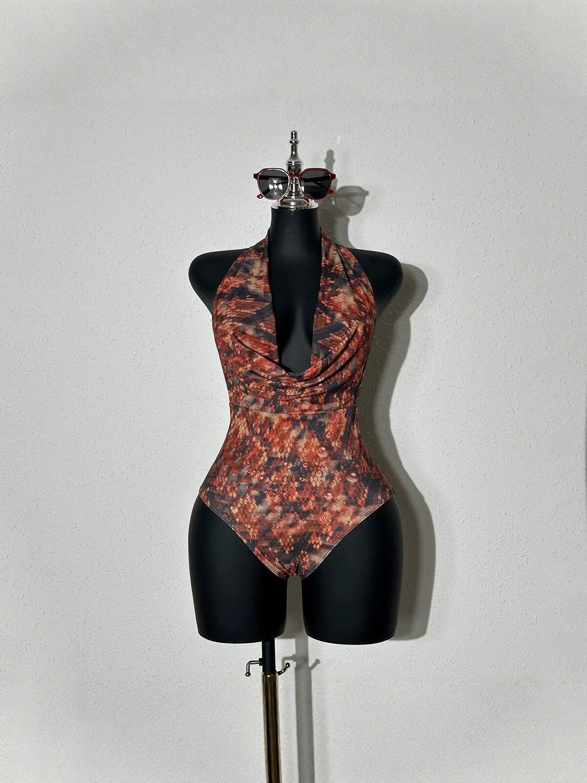 DEKA Women's New Sexy Red Snake Deep V One-piece Swimsuit With Chest Pad Print Adjustable Suspenders Backless Swimsuit