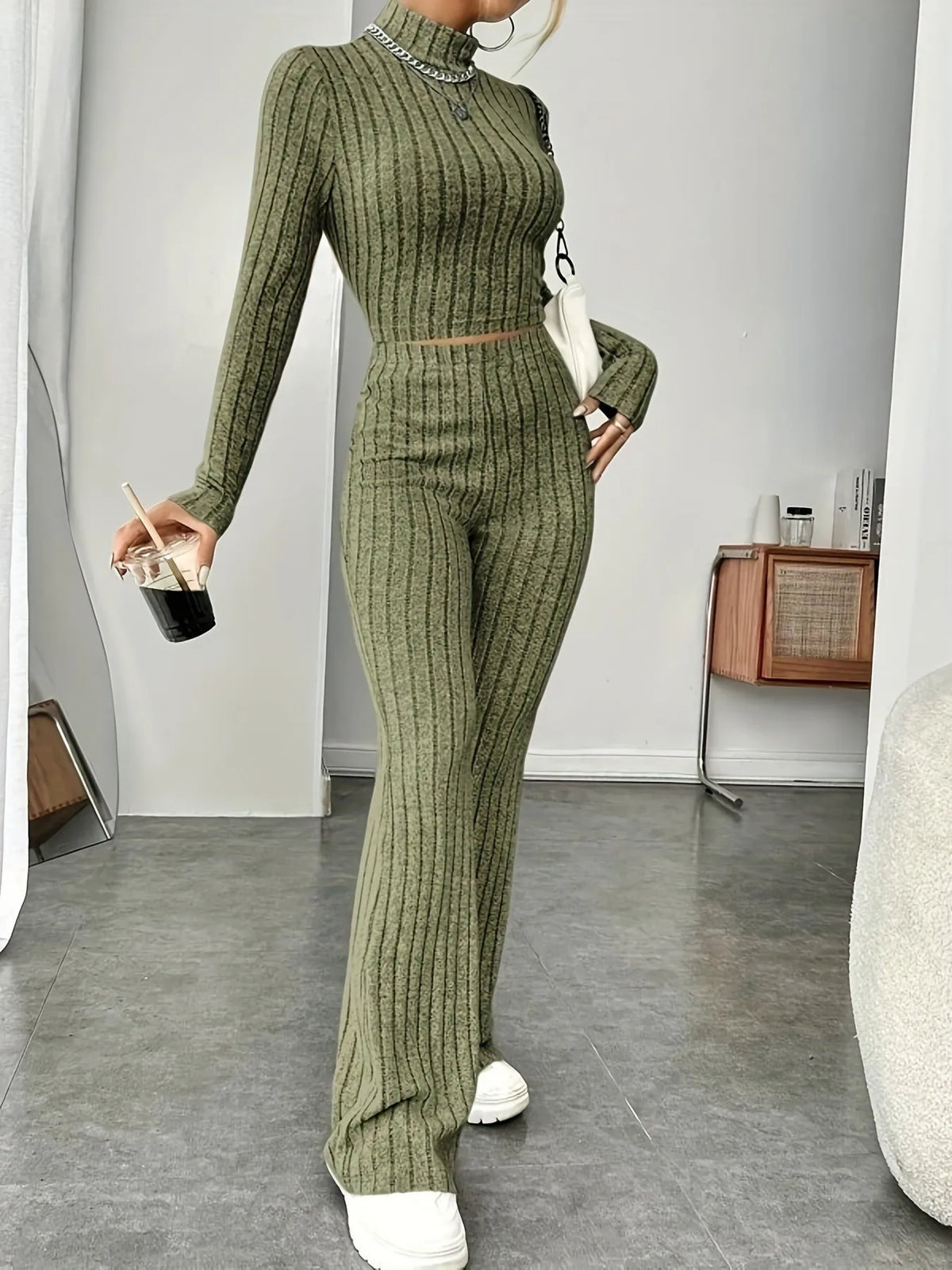 Autumn and Winter Women's New Home Clothes Two Piece Set Sports Long Sleeve Retro Slim fit Bellbottom Pants Set Y2K Sleepwear
