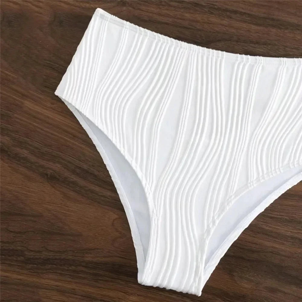 Sexy White High Waisted Bikini Set Women Ribbed Swimwear Push Up Swimsuit Halter Backless Crop Top Back Hollow Out Bathing Suit