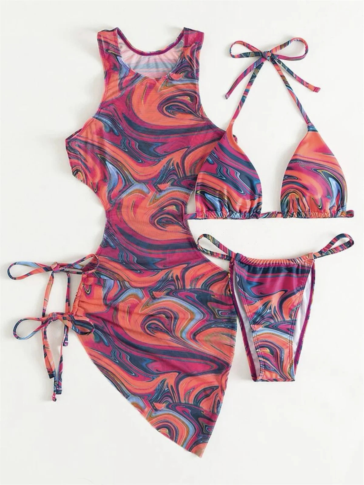 Dress Bikini 2025 Women Sexy High Neck Cut Out Mesh Cover Up Pleate Swimsuit Orange Gradient Bathing Suit Beach 3 Piece Swimwear