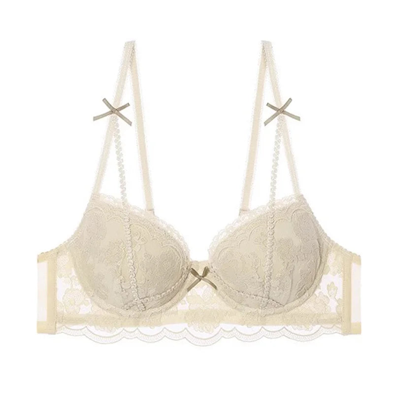 Antique French Lace Underwire Bra | Retro Petite Deep V Plunge Set | Summer Non-Padded Lingerie | Sexy Bridal Push Up Effect
