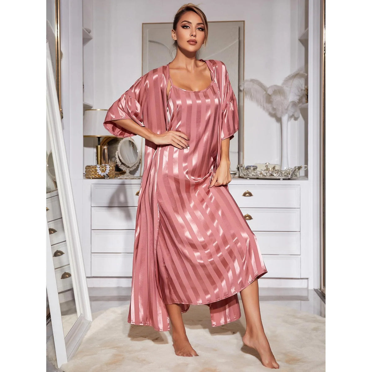Strap sleepwear women's imitation silk long sleeved high-end ice silk nightgown home suit set
