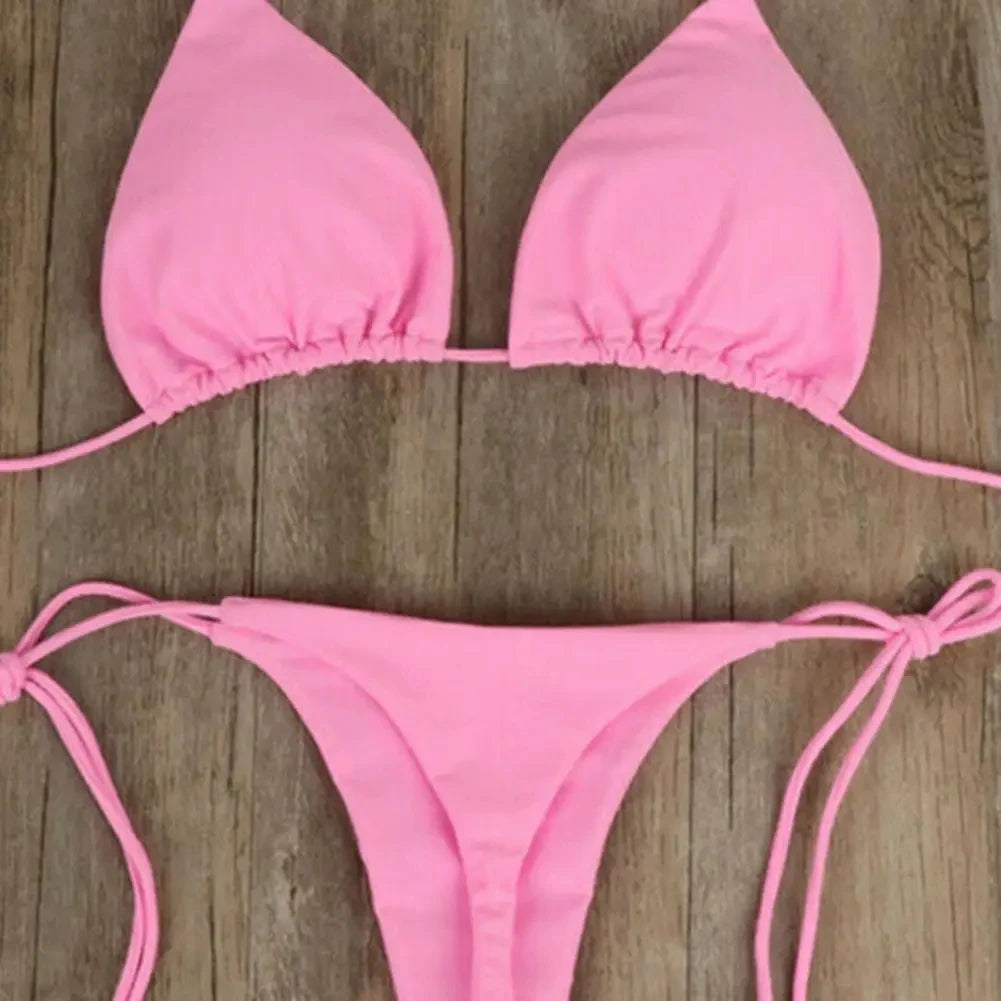 2025 Sexy Halter Solid Color Bikini Set Women's Swimsuit Two-Piece Triangle Thong Swimwear Bathing Suit for Beach Biquinis