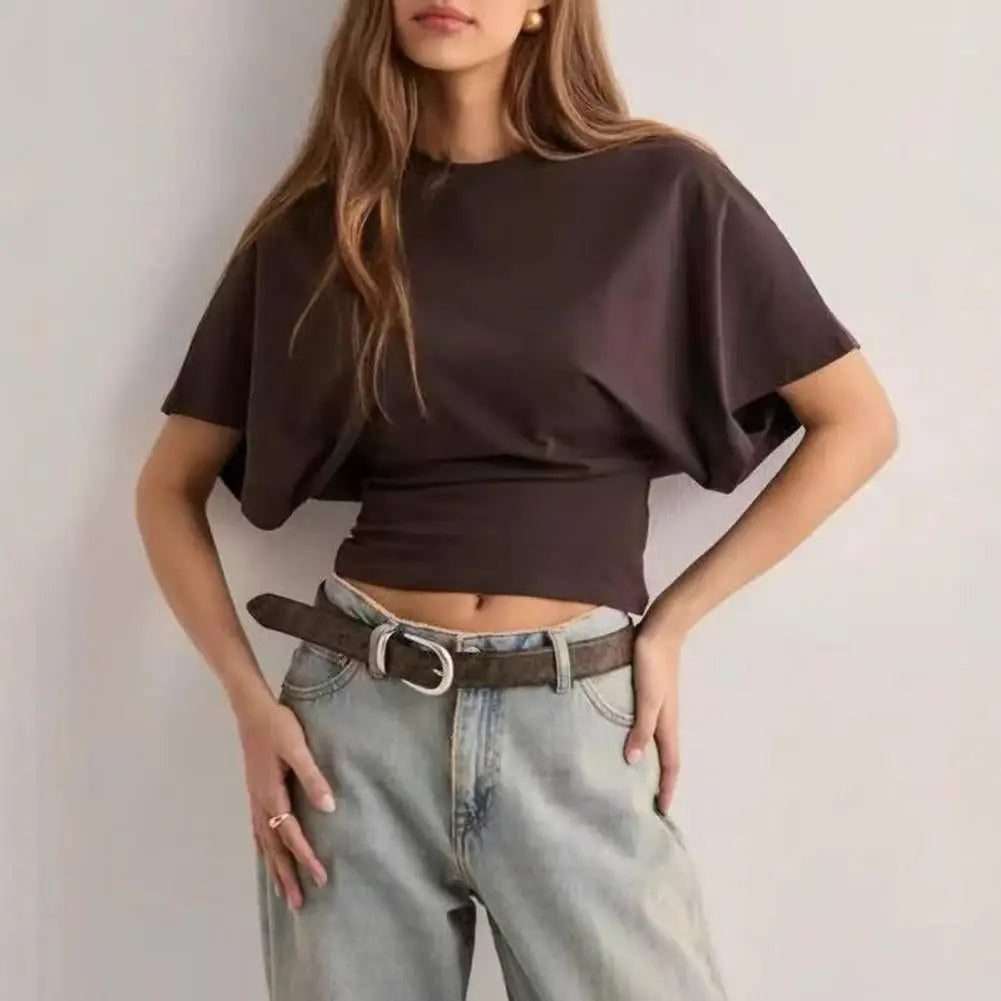 Women Solid Color Round Neck T-Shirt Breathable Casual Top Summer Short Sleeve Pullover Tee for Work Daily Wear Parties
