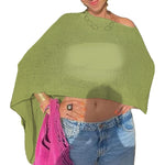 Combhasaki Women Knitwear Bikini Cover-up See-through Solid Off Shoulder Irregular Triangle Hem Loose Pullover Summer Beach Tops