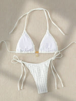 Sexy White Bikini 2025 Women Halter Lace Push Up Metal Designer Micro Swimsuit Brazilian Bathing Suit Tie Side Thong Swimwear