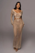 DEKA New Sexy Knit Mesh Cut Out Deep V Neck Long-sleeve Lace-up Fringe Tunic Summer Women Swimsuit Cover-ups Beach Maxi Dress