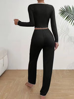 Women Autumn Winter Sleepwear Blue Lace Long Sleeves T-shirt Tops and Trousers 2 Pieces Pajamas Set Loungewear Home Suit