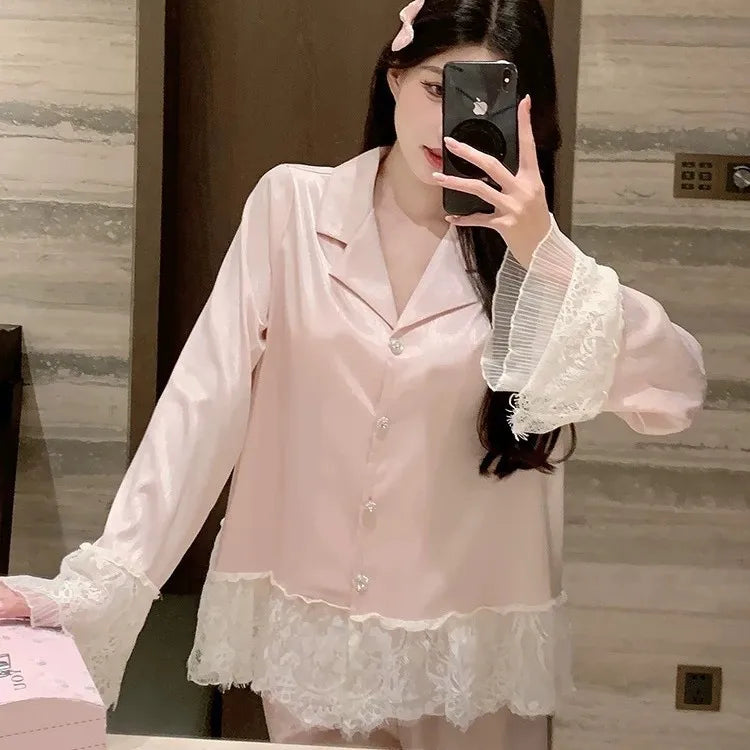 Spring and Autumn Satin New Style Temperament Ice Lace Lace Lace Silk Light Luxury Sleepwear Women's Home Clothes Outside Sweet