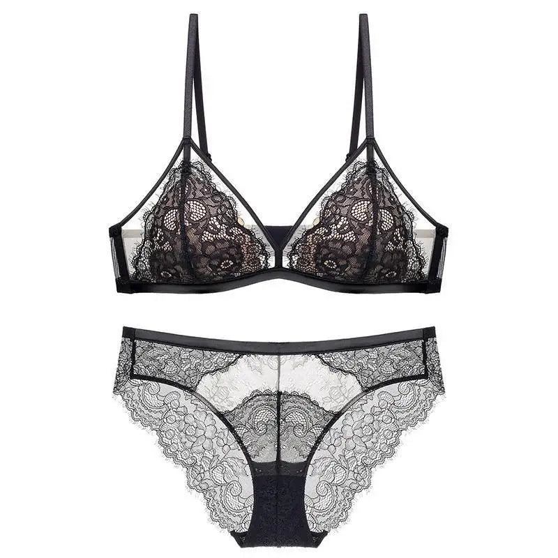 Sexy Lace Mesh Wireless Bra SetBra Soft Triangle Cup Bralette Panties Set Thin Lined Transparent Set Underwear Women Lingerie