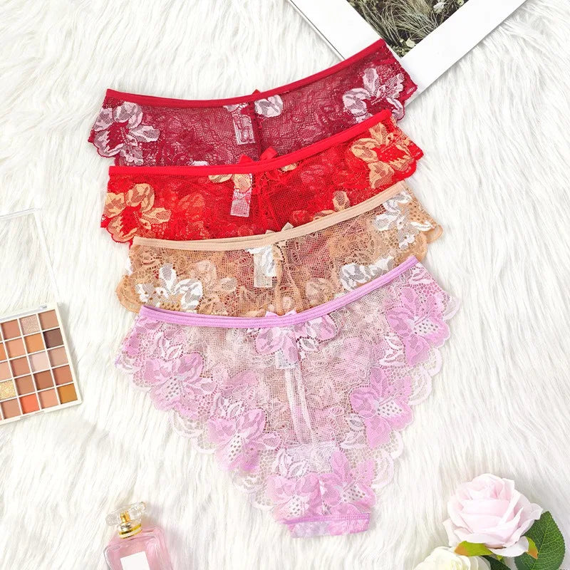 5pcs Lace Sexy Women Panties Mid Waist Perspective Floral Ladies Briefs Breathable Comfortable Female Underwear