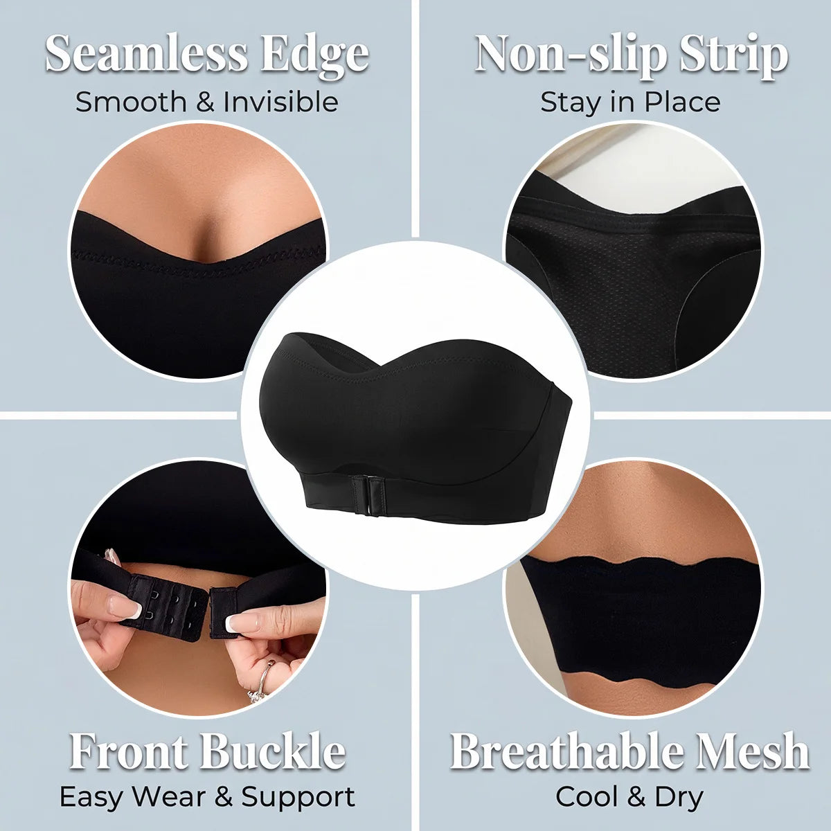 Strapless Front Button Bra Detachable And Seamless Bra Black Wire-Free Bra Sexy Lingerie Women's Party Underwear B2744