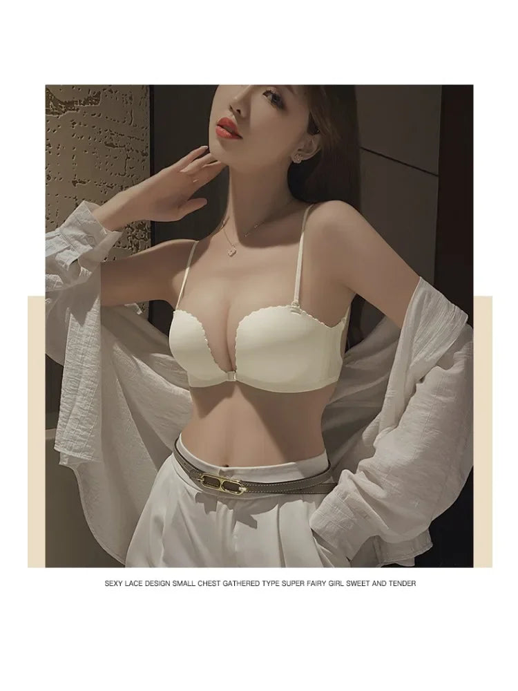 Front Button Underwear Women's Small Chest Pull Up To Show Large Summer Thin Collection Breast Anti-sag White Thin Strap Bra