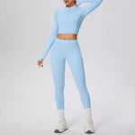 New Women Yoga Set Solid Color Double-Sided Brushed Bare Feel Short Long-Sleeve Jacket Tight Pants Running Fitness 2-Piece Set