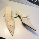 BIGTREE Crystal Mesh Fabric Pointed Toe Slippers Women Sexy Elegant Buckle Strap Party Prom Thin Low Heels Mule Shoes