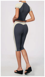 Color Blocking 2PCS Yoga Set Women's Tracksuit Short Sleeve O Neck Sports T Shirts High Waist Cropped Pants Tight Fitness Suits