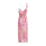 Deep V-neck Strap Dress Sexy Ruffled Long Dress Womens Pink Rose Print Strap Dress Ruffle Sleeveless Summer Beach Dress GO0Y