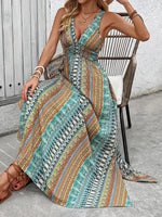 Bohemian Style Print Sleeveless Long Dresses Women Summer V-neck Backless Leace-up Slit Dress Casual Lady Vacation Vestidos