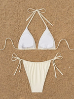 Sexy Beige 3D Pearls Coconut Tree Bikini Set 2025 Women Halter Push Up Pleate Thong Swimsuit Beach Bathing Suit Micro Swimwear