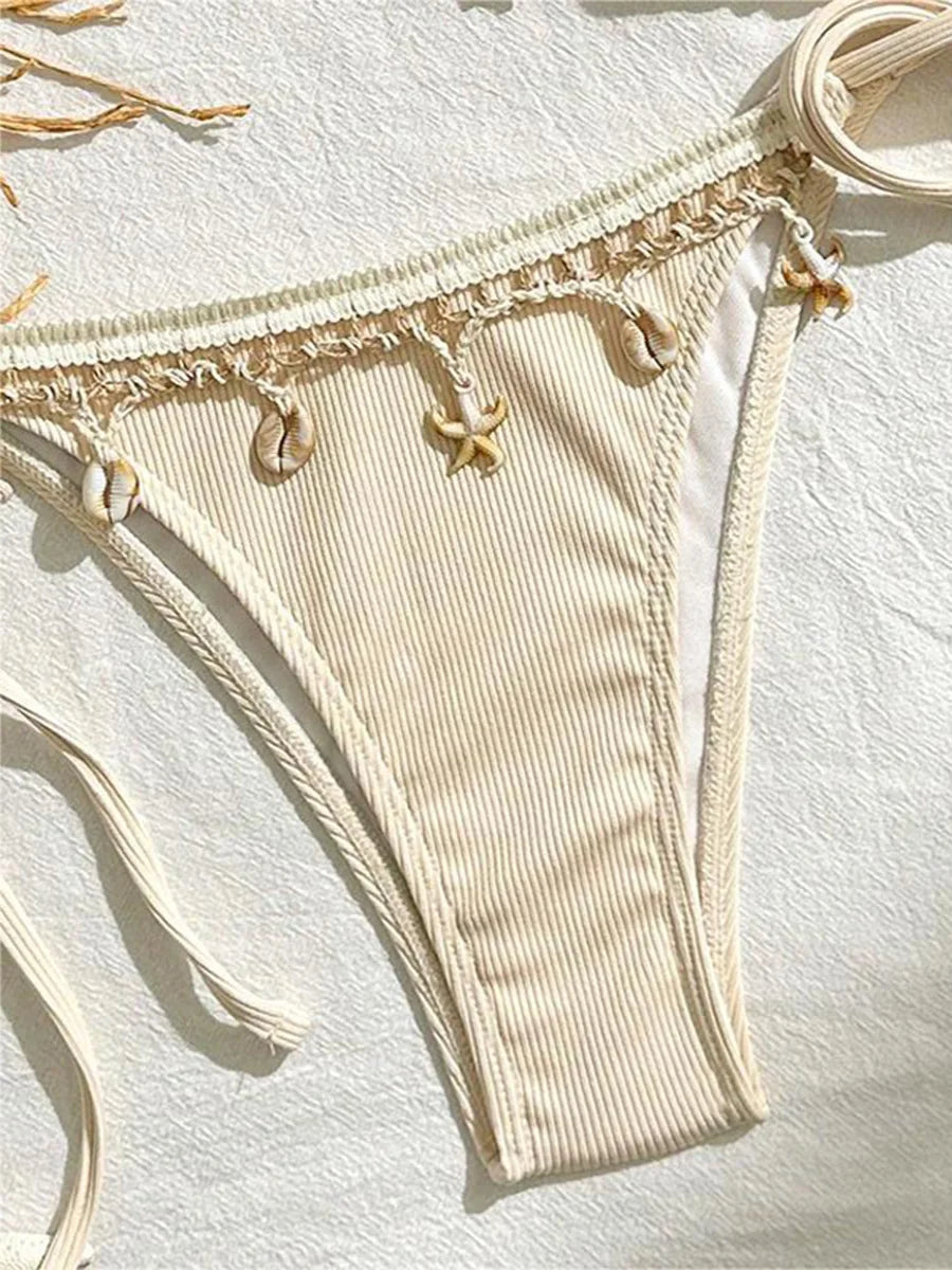 Shell Decoration Ribbed Bikini Women Swimwear Female Swimsuit Two-pieces Bikini Set Halter Strappy Bather Bathing Suit Swim Lady