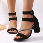 2026Women Shoes Sandals Peep Toe Block Heels Buckle Strap FlockSummer Concise