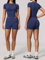 Seamless Yoga Sets Women Short Sleeve O Neck Slim Sports T Shirts Gym Outfits Abdominal Compression Shorts Running Fitness Suit