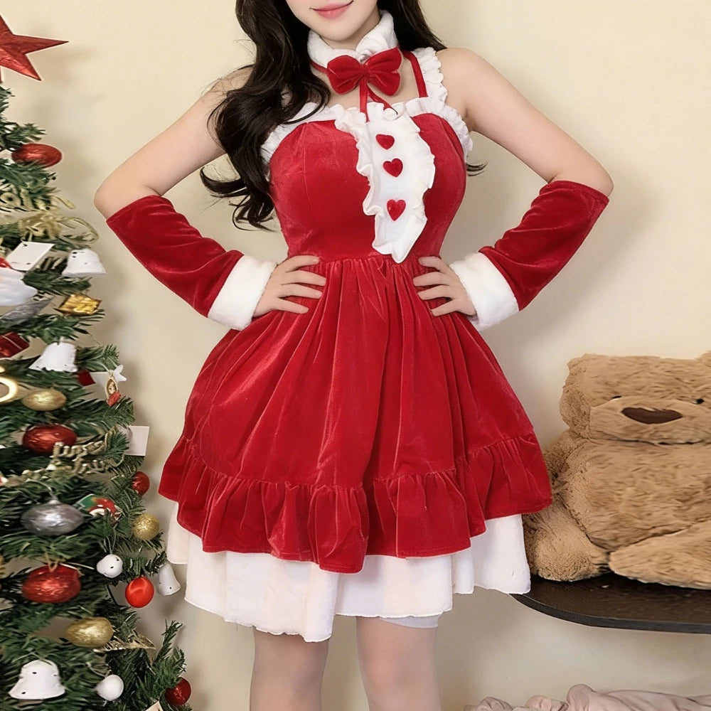 Women Christmas Red Lingerie Plush Patchwork Strapless Tube Dress Christmas Party Cosplay Costume With Arm Sleeve and Choker