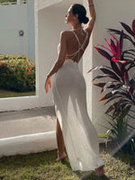S - XL V Neck Slit Long Dress Sexy Mesh Backless Knitted Crochet Tunic Beach Cover Up Cover-ups Beach Dress Beachwear V3767B