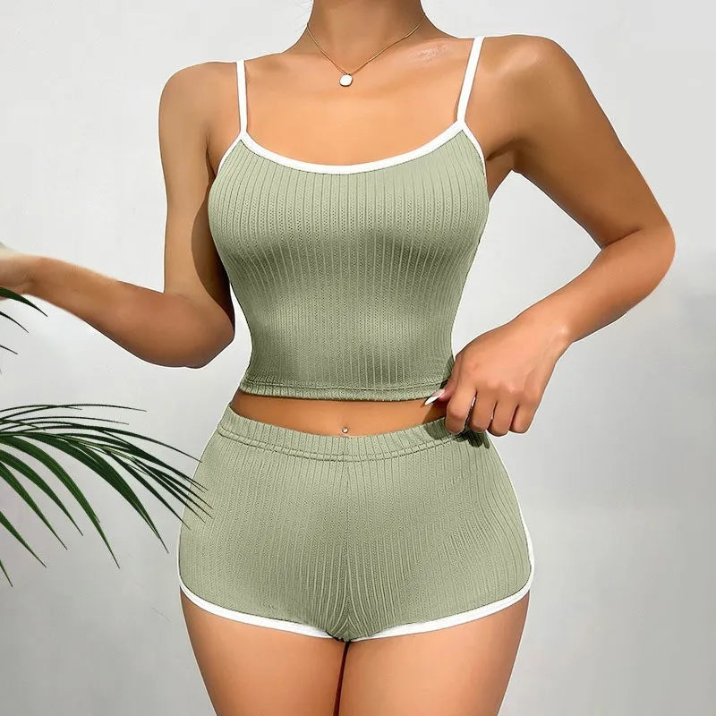 2026 New Women's Sleepwear and Home Wear Set Slim Fitting Camisole Shorts Casual and Comfortable Vest Sports Shorts 2-Piece Set
