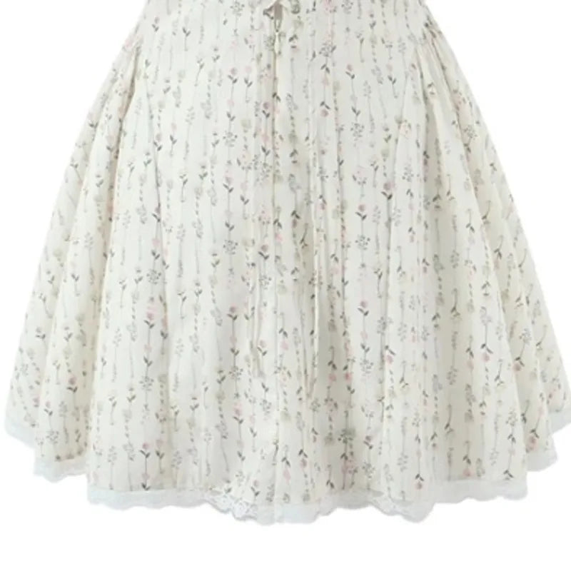 Vietnamese Sweet Lace Trimmed Camisole Dress For Women With Cross-back Cutout Waist-cinching Floral Print Puffy Short Skirt 24AK