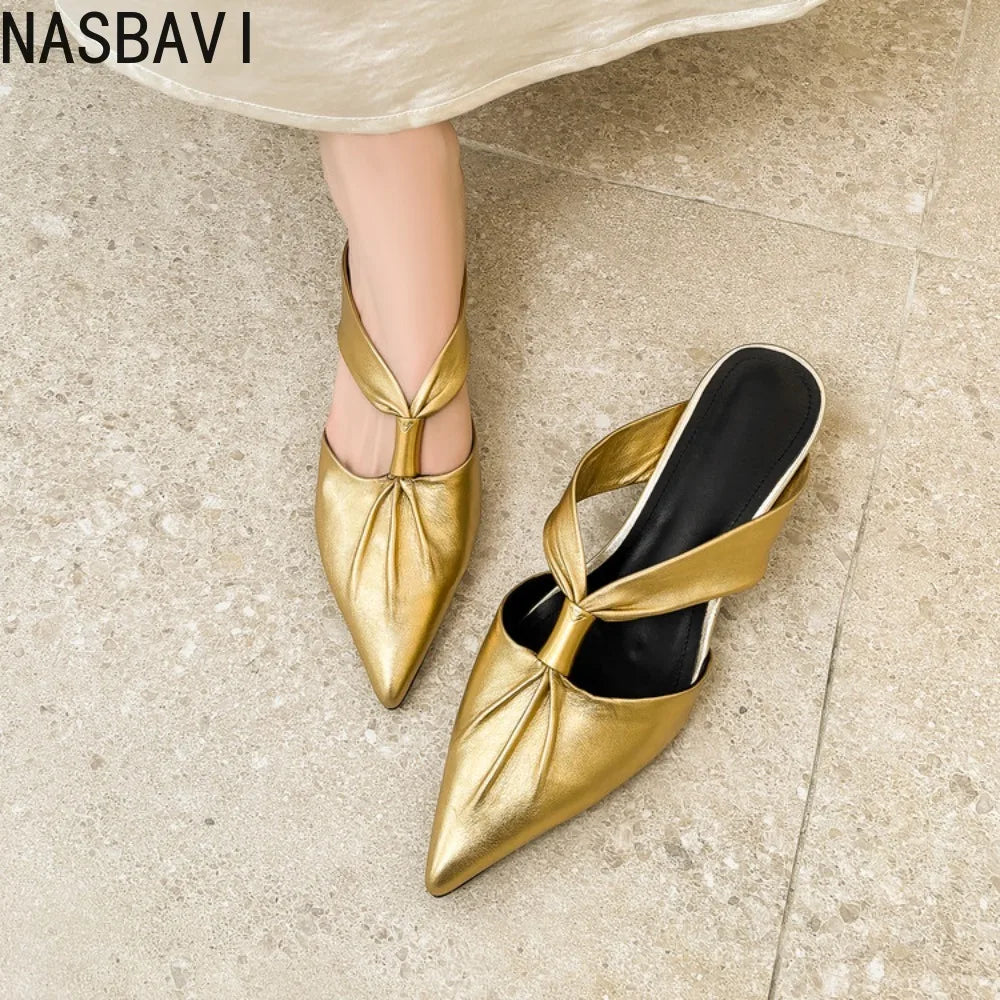 2026 Summer New Brand Women Slipper Fashion Pointed Toe Slip On Slides Low Heel Ladies Elegant Mules Sandals Top qualityGold