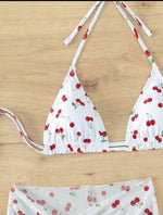 Women French Chic Cherry Print Bikini Sets Three Pieces with Mesh Skirt Swimsuit Swimwear Bathing Suit Beach Outfits Biquini
