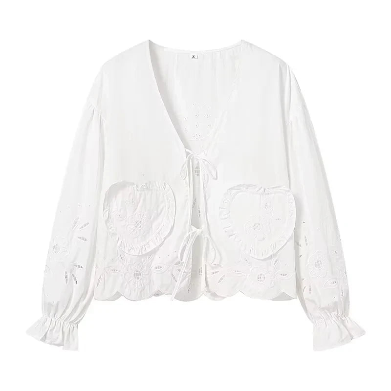 Foridol Heart Embroidery White Cotton Women Blouse Bowknot Spring Summer Lantern Sleeve Casual Shirt V Neck Loose Chic Blusa