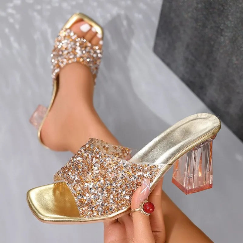 Crystal Luxury High Heels Shoes Women Sandals Square Toe Slippers Summer 2026 Sexy Chunky Beach Shoes Flip Flops Slides Mujer