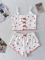Women's Heart Print Sexy Ribbed Bow Decor Pajama Set, Round Neck Backless Comfortable Crop Cami Top & Shorts, Summer Nightwear