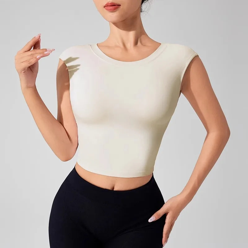 Women's Backless Fitness Clothes with Fixed Chest Pad Beautiful Top Short Sleeve Dance SportT-Shirt Yoga Wear