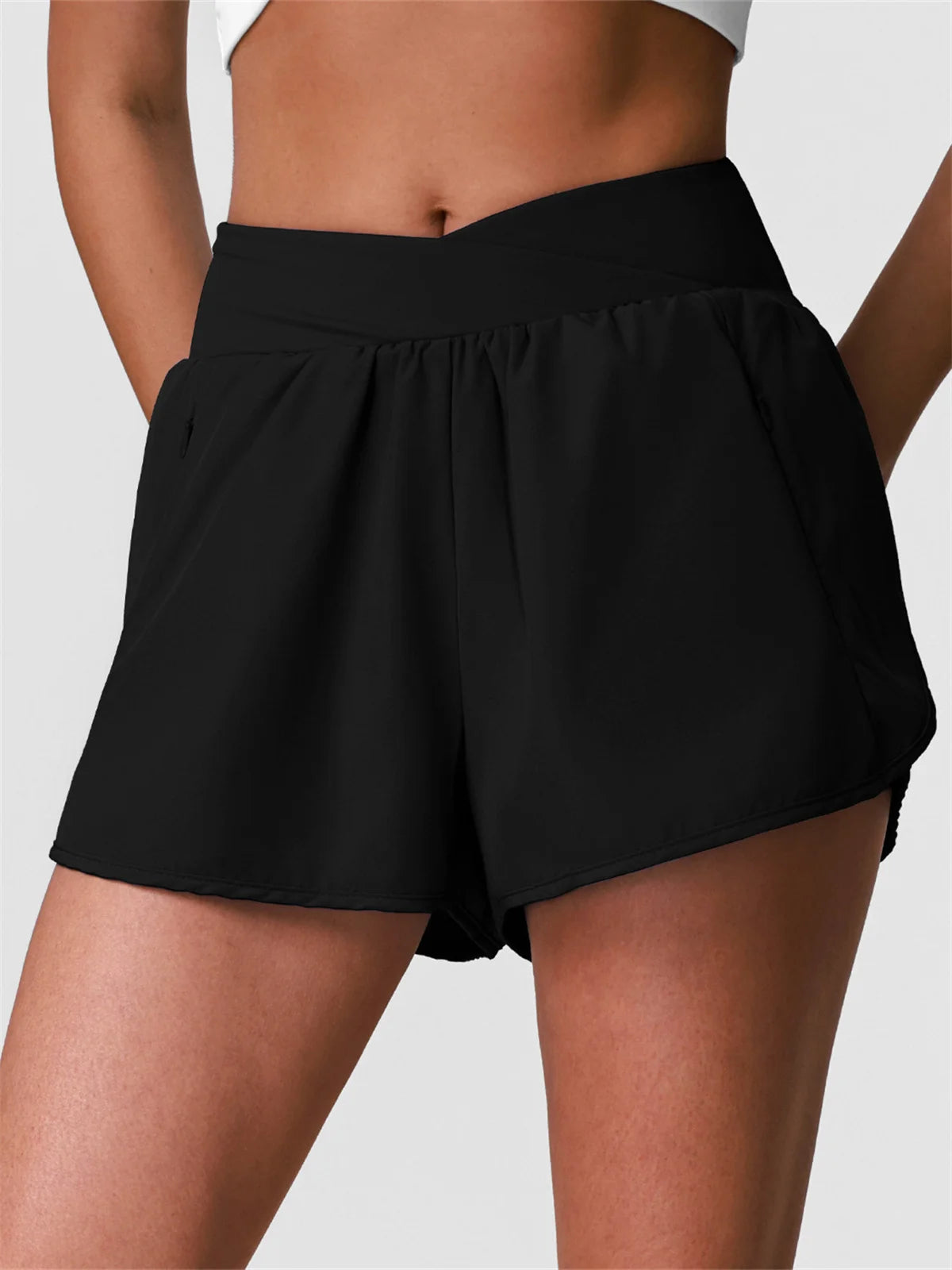 Summer Breathable Yoga Shorts V High Waist Pocket Loose Sports Pants Quick Drying Hip Lifting Running Training Fitness Shorts