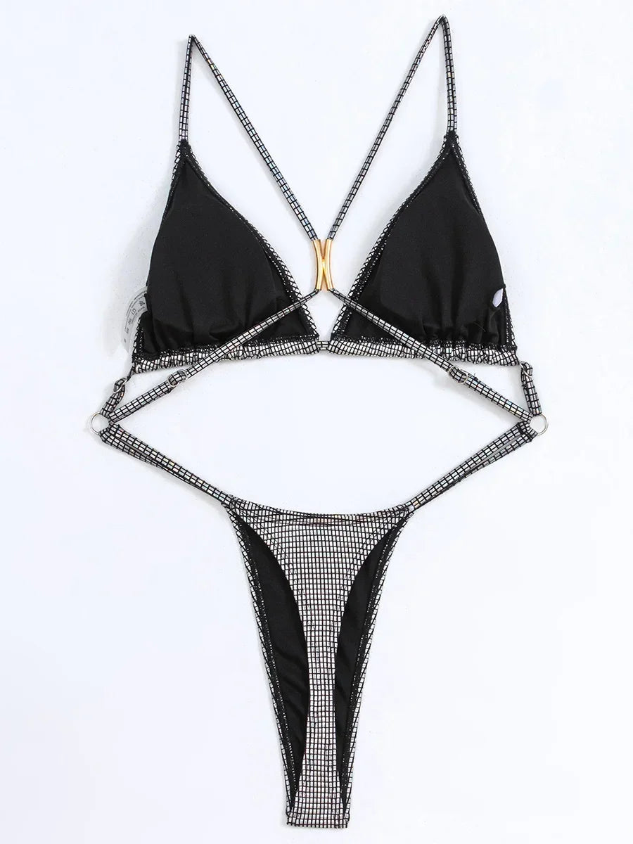 PU Leather Extreme Mini String Thong Monokini Cross Backless Women Swimwear One Piece Swimsuit Female High Cut Bathing Suit Swim