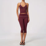 Summer Color Blocking Yoga Suit Women Tracksuit Hanging Neck V Neck Slim Sports Vest Tight Hip Lifting Capri Pants Fitness Sets