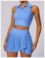Outdoor Breathable Golf Wear Tennis Sport Sets Women Turn Down Collar Sleeveless Top Short 2 in 1 Skirt Running Fitness Set