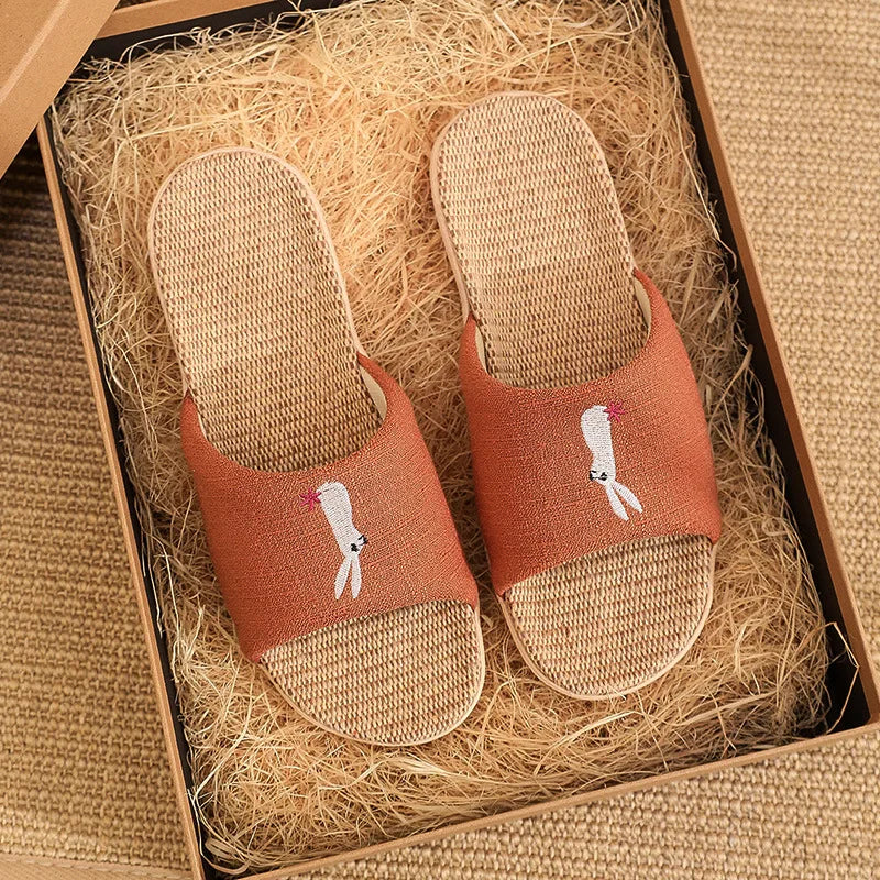 Breathable Cotton Flax Slippers For Women Men Indoor Shoes Anti-slip Light Weight Cute Cartoon Couples Home Floor Slides