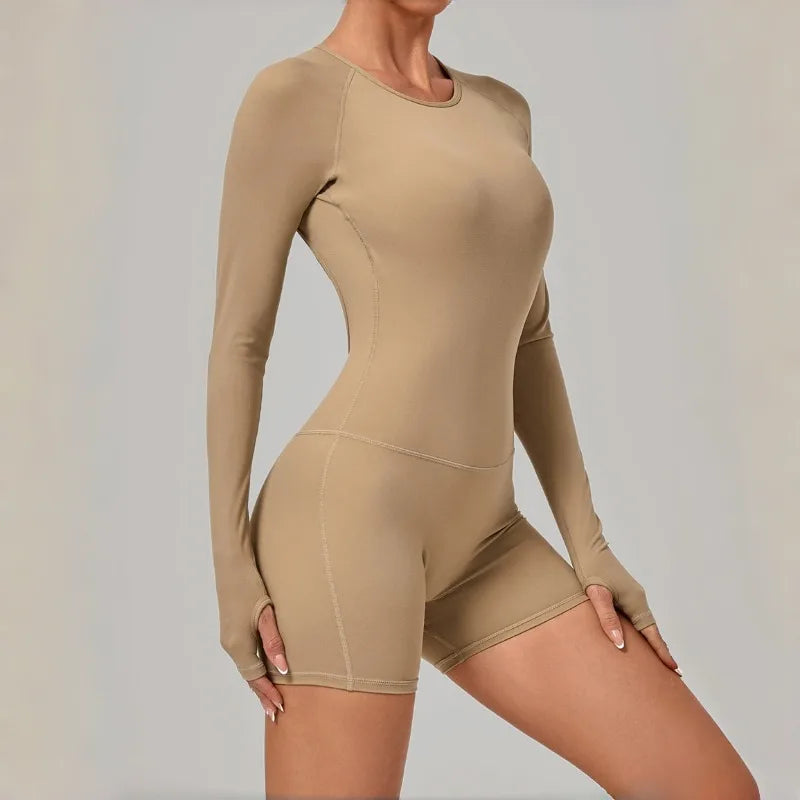 Women's Yoga Jumpsuits Sports Fitness Hip-lifting Long-sleeved Backless Running Training Workout Gym Shorts One-piece Bodysuits