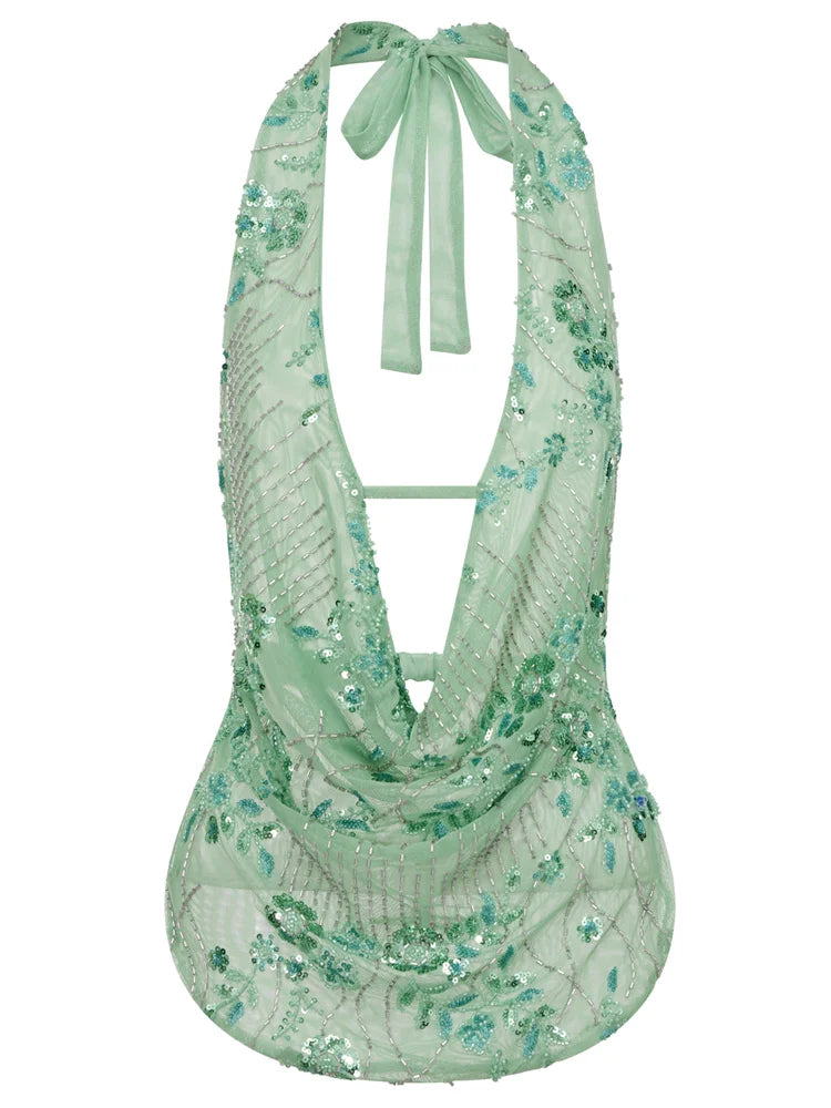 Women Flower Sequins Halter Vest Sleeveless Backless Deep V Neck Camisole Vintage Sexy Tank Top Streetwear
