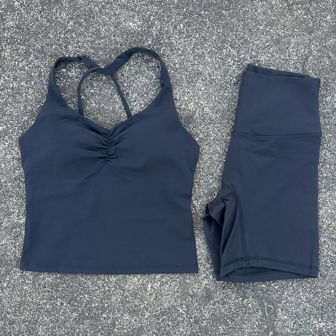 Women Gym Yoga Short Cycling Set Cross Back Gym Bra Tank Top +High Waist Cycling Short Leggings High Impact Shockproof Sportwear