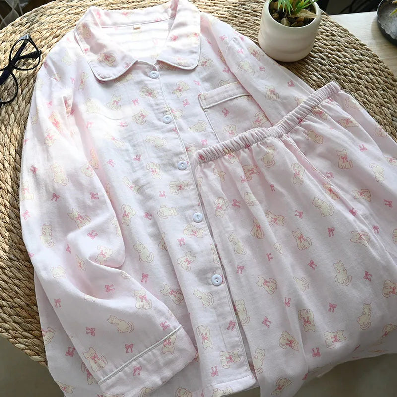 Cartoon Print Pajamas 2 Piece Long Sleeve Trousers Suit Women Soft Cotton Home Wear Summer New Sleepwear Pijamas Loungewear