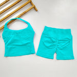 Yoga 2 Pieces Gym Set Women Backless Halter Tops High Waist Seamless Shorts Gym Suit Fitness Sports Bras Sportswear Workout Sets