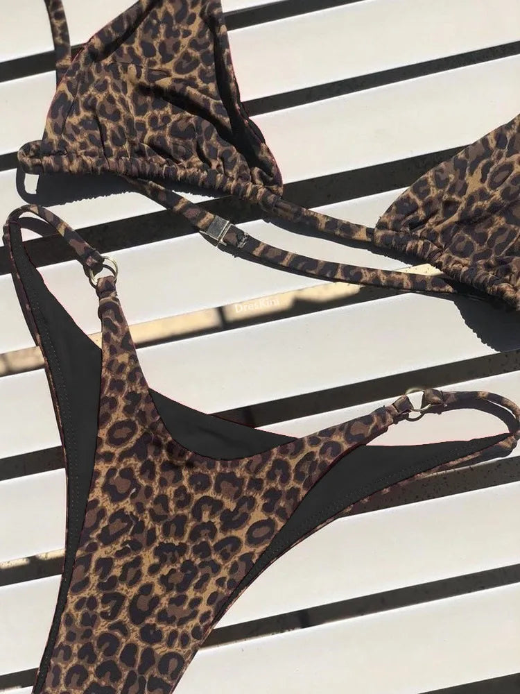 High Cut Micro Bikini Women Brown Leopard Bandage Push Up Bra Swimsuit Sexy Bathing Suit Padded Thong Swimwear Biquini 2026