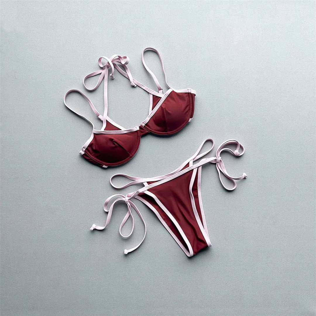 Halter Splicing Bikini Female Swimsuit Women Swimwear Two-pieces Bikini Set Underwired Strappy Bather Bathing Suit Swim V8173